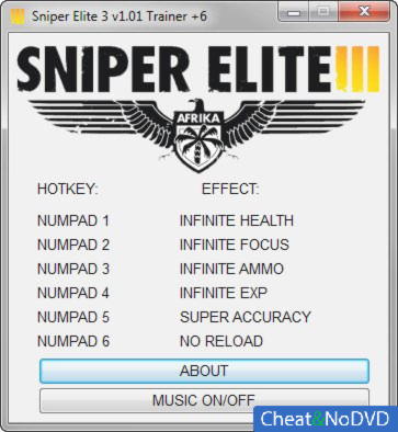 Sniper Elite 3  +6 v1.01 {GRIZZLY}