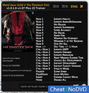 Metal Gear Solid 5: The Phantom Pain  Trainer +22 v1.0.1.0 - 1.0.7 {FLiNG}