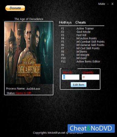 Age of Decadence  Trainer +12 v1.2.0.0130: x64 {MrAntiFun}