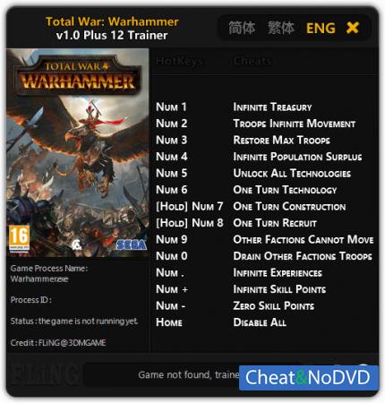 Total War: Warhammer  Trainer +12 v1.0 {FLiNG}