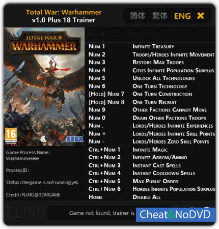 Total War: Warhammer  Trainer +18 v1.0 {FLiNG}