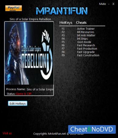 Sins of a Solar Empire: Rebellion  Trainer +8 v1.85 {MrAntiFun}