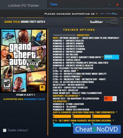 Grand Theft Auto 5  Trainer +24 GTA V v1.0.877.1 {LinGon}