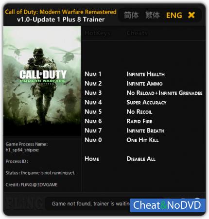 Call of Duty 4: Modern Warfare Remastered  Trainer +8 v1.0 Update 1 {FLiNG}