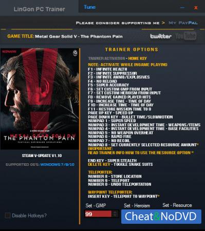 Metal Gear Solid 5: The Phantom Pain  Trainer  +26 v1.10 {LinGon}