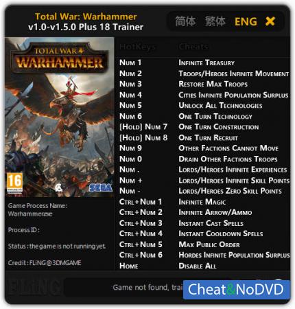 Total War: Warhammer  Trainer +18 v1.0 - 1.5.0 {FLiNG}