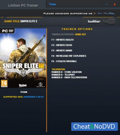 Sniper Elite 3  Trainer +7 v1.15a Updated 16 Jan 2017 {LinGon}