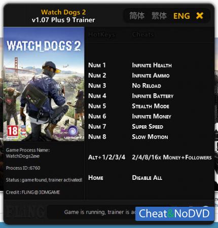 Watch Dogs 2  Trainer +9 v1.07 {FLiNG}