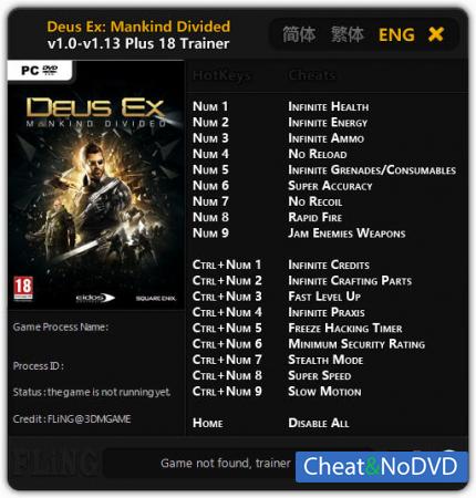 Deus Ex: Mankind Divided  Trainer +18 v1.0 - 1.13 {FLiNG}