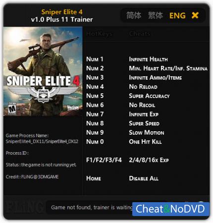 Sniper Elite 4  Trainer +11 v1.0 {FLiNG}