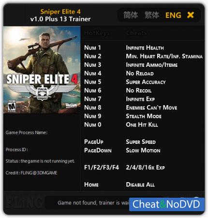 Sniper Elite 4  Trainer +13 v1.0 {FLiNG}