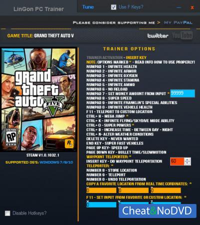 Grand Theft Auto 5  Trainer +24 GTA V v1.0.1032.1 {LinGon}