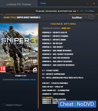 Sniper: Ghost Warrior 3  Trainer +18 v1.01.0 64bit {LinGon}