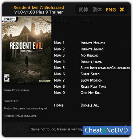 Resident Evil 7: Biohazard  Trainer +9 v1.0 - 1.03 {FLiNG}