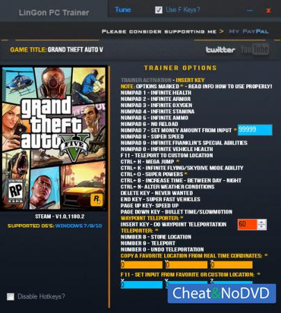 Grand Theft Auto 5  Trainer +24 GTA 5 v1.0.1180.2 {LinGon}