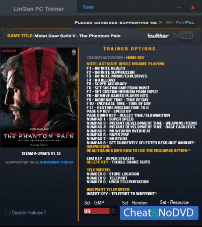 Metal Gear Solid 5: The Phantom Pain  Trainer  +26 v1.12 {LinGon}