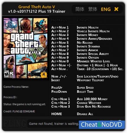 Grand Theft Auto 5  Trainer +19 GTA V v1.0 - 2017.12.12 {FLiNG}