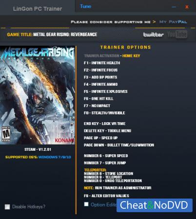 Metal Gear Rising: Revengeance  Trainer +21 v1.2.01 {LinGon}