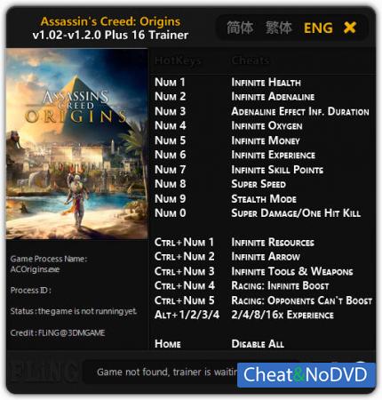 Assassin's Creed: Origins  Trainer +16 v1.02 - 1.2.0 {FLiNG}