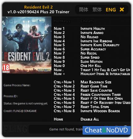 Resident Evil 2 Remake  Trainer +20 v1.0 Update 24.04.2019 {FLiNG}