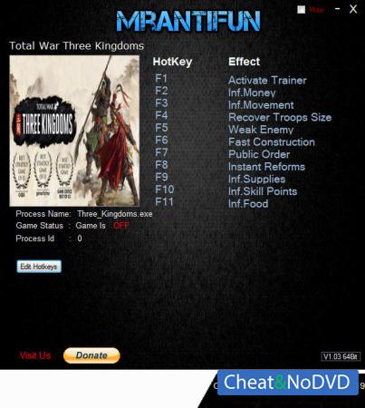 Total War: THREE KINGDOMS  Trainer +10 v1.00 {MrAntiFun}