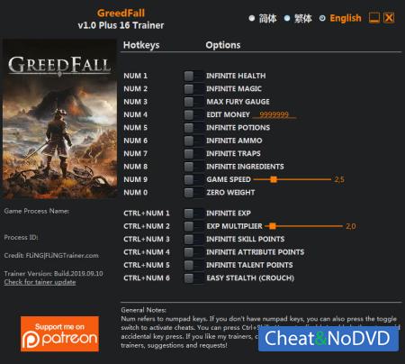 GreedFall  Trainer +16 v1.0 {FLiNG}