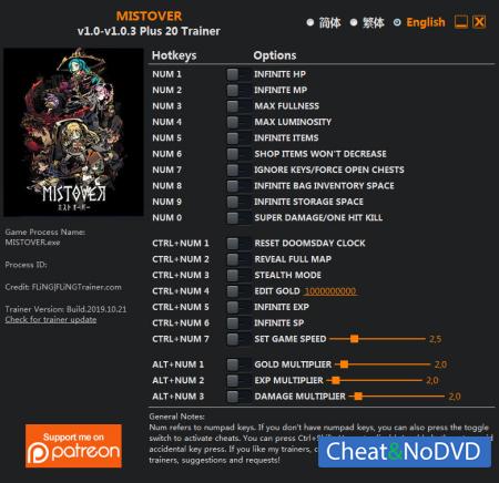 MISTOVER  Trainer +20 v1.0.3 {FLiNG}