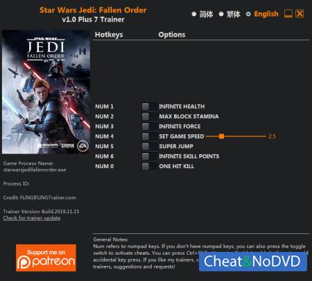 Star Wars Jedi: Fallen Order  Trainer +7 v1.0 {FLiNG}