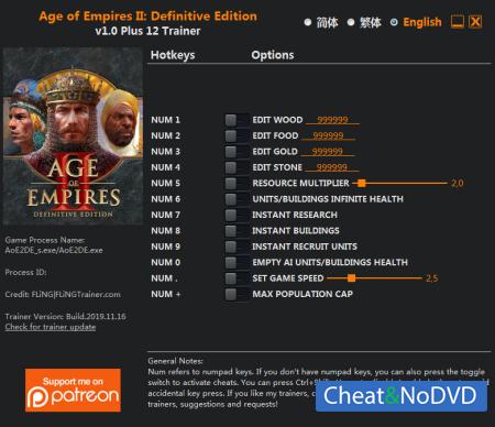 Age of Empires II: Definitive Edition  Trainer +12 v1.0 {FLiNG}