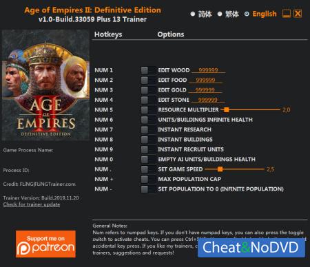 Age of Empires II: Definitive Edition  Trainer +13 v1.0 Build 33059 {FLiNG}