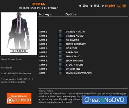 Hitman 2016  Trainer +11 v1.15.0 {FLiNG}