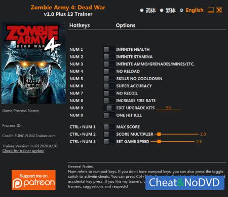 Zombie Army 4: Dead War  Trainer +13 v1.0 {FLiNG}