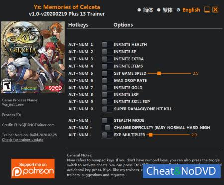 Ys: Memories of Celceta  Trainer +13 v2020.02.25 {FLiNG}