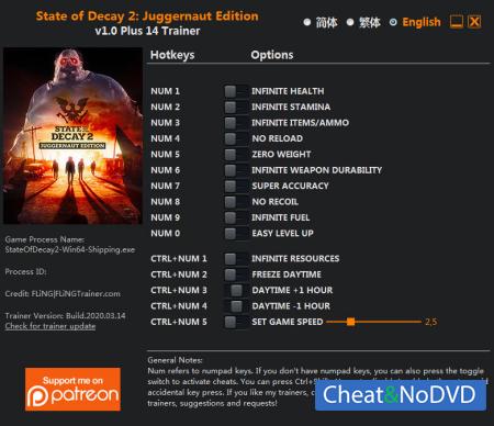 State of Decay 2: Juggernaut Edition  Trainer +14 v1.0 {FLiNG}