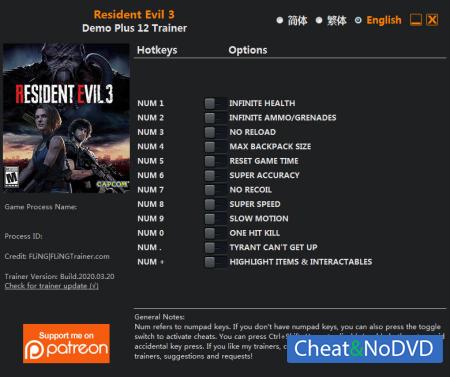 Resident Evil 3  Trainer +12 Demo {FLiNG}
