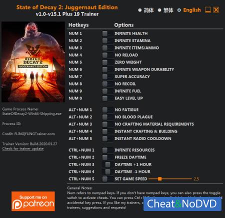 State of Decay 2: Juggernaut Edition  Trainer +19 v15.1 {FLiNG}