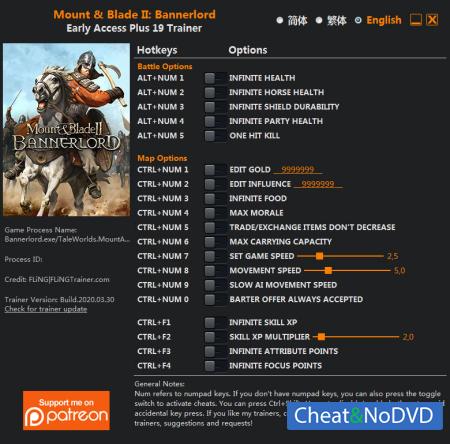 Mount and Blade 2: Bannerlord  Trainer +22 v2020.03.30 {FLiNG}