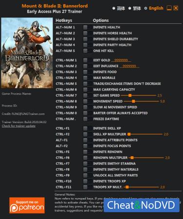 Mount and Blade 2: Bannerlord  Trainer +27 v2020.04.02 {FLiNG}