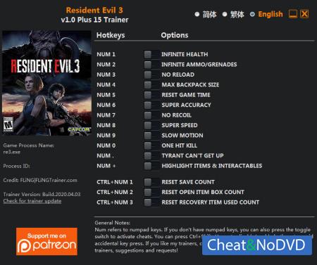 Resident Evil 3  Trainer +15 v1.0 {FLiNG}