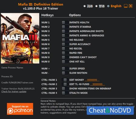 Mafia 3 Definitive Edition  Trainer +16 v1.100.0 {FLiNG}