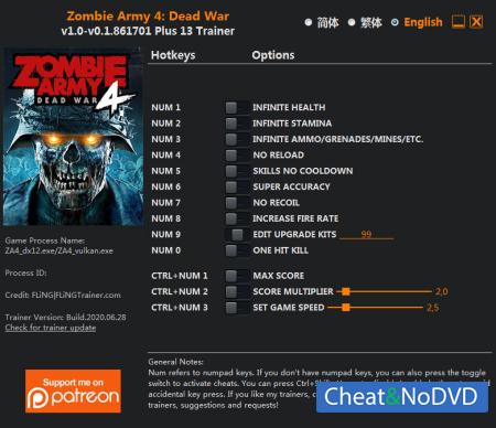 Zombie Army 4: Dead War  Trainer +13 v0.1.861701 {FLiNG}