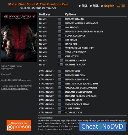 Metal Gear Solid 5: The Phantom Pain  Trainer +22 v1.15 {FLiNG}