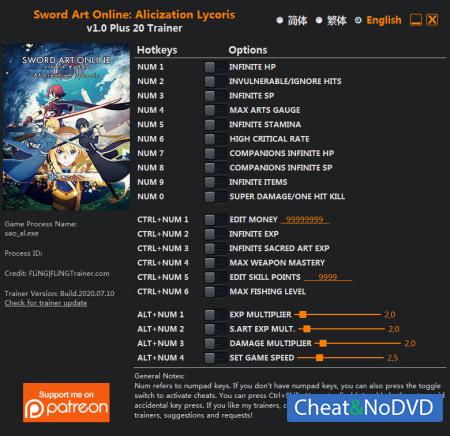 Sword Art Online: Alicization Lycoris  Trainer +20 v1.0 {FLiNG}