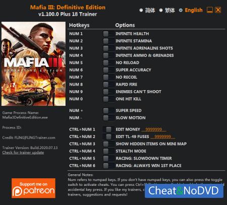 Mafia 3 Definitive Edition  Trainer +18 v1.100.0 {FLiNG}