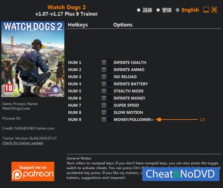 Watch Dogs 2  Trainer +9 v1.17 Update 2020.07.17 {FLiNG}