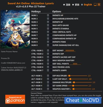 Sword Art Online: Alicization Lycoris  Trainer +22 v1.0.3 {FLiNG}