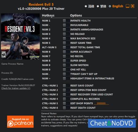 Resident Evil 3  Trainer +20 v2020.08.06 {FLiNG}