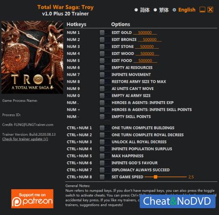 Total War Saga: Troy  Trainer +20 v1.0 {FLiNG}