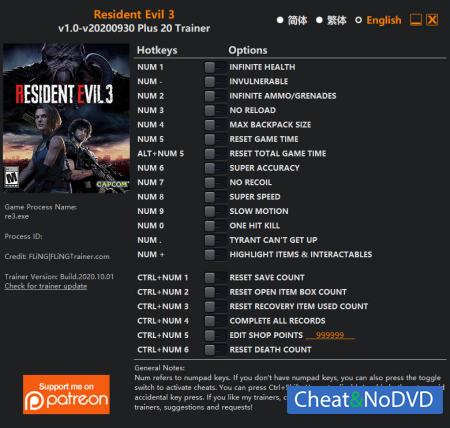 Resident Evil 3  Trainer +20 v2020.09.30 {FLiNG}