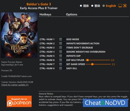 Baldur's Gate 3  Trainer +8 Early Access 2020.10.08 {FLiNG}